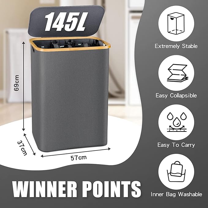 Laundry Hamper with Lid, 145L Extra Large Hamper 3 Section Dirty Clothes Hampers for Divided Basket Organizer for Bedroom, Laundry Room, Grey-NeatNest