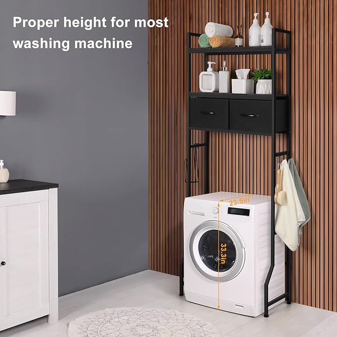 ETELI Over The Toilet Storage Bathroom Cabinet 3 Tier Freestanding Over Toilet Storage Cabinet Shelf Space Saving Behind Above Toilet Bathroom Organizer with Fabric Drawers, Black