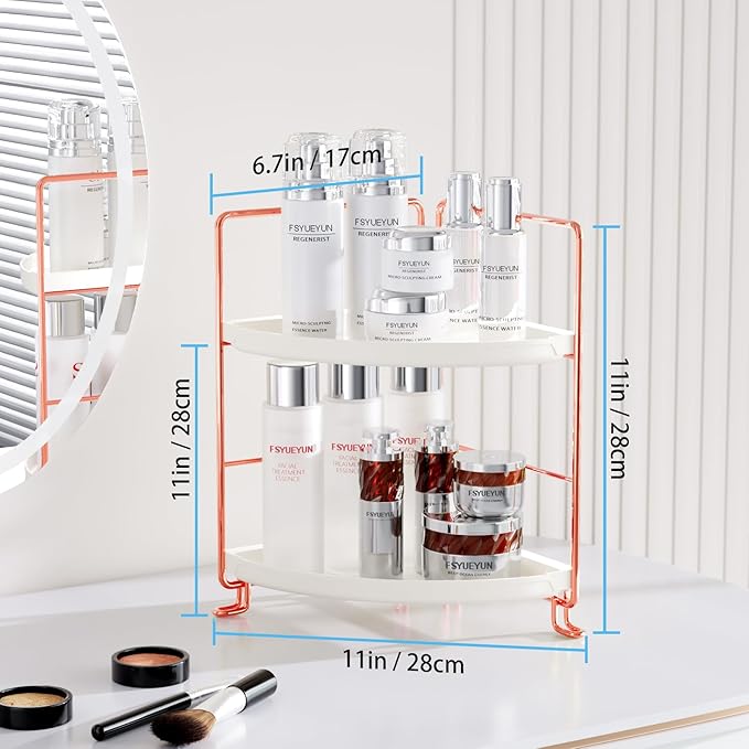 FSyueyun 2-Tier Corner Bathroom Counter Organizer, Tool-Less Installation Vanity Shelf Small Plastics Countertop Makeup Tray Skincare Perfume Organizers (Rose Gold)-NeatNest