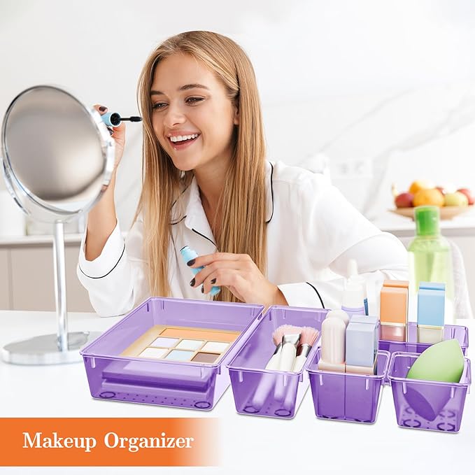 25 PCS Plastic Drawer Organizer Set, 4-Size Versatile Organizer Trays & storage Bins for Makeup, Jewelry, and Gadgets in Bathroom, Bedroom and Office,Clear Purple-NeatNest