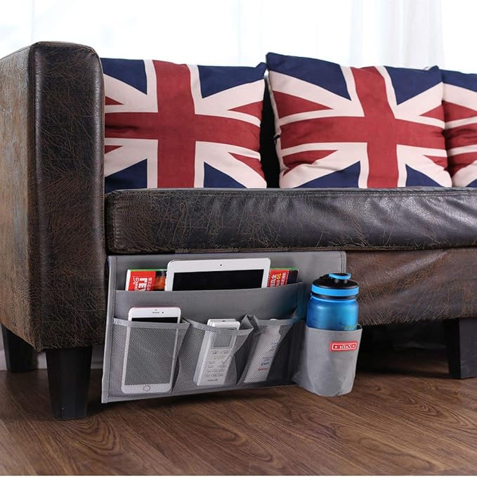 5 Pockets Bedside Caddy, Bedside Storage Organizer for Water Bottles, Magazines, Phone, Glasses (5 Pockets-Grey)-NeatNest