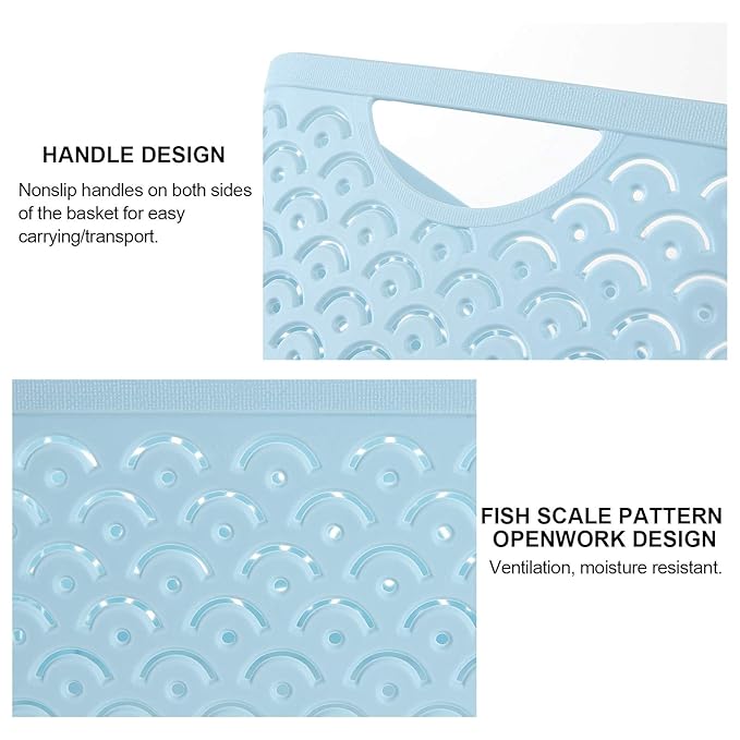 5 Pack Plastic Storage Baskets, Portable Blue Fish Scale Pattern Hollow Desktop Storage Bin Box with Handle for Kitchen, Bathroom, Kids Room or Nursery Storage – 9.4 x 7.1 x 4.1 inches