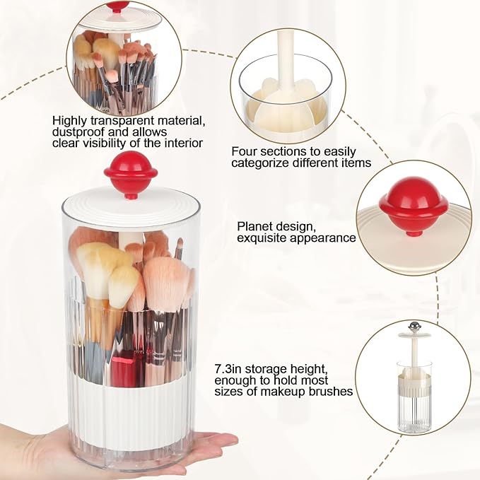 2 Pack Makeup Brush Holder with Lid Automatic Lifting Makeup Brush Organizer with Lid Dustproof & Waterproof 4-Compartment Clear Makeup Organizer for Vanity,Office,School,Dorm Room,Red+Silver-NeatNest