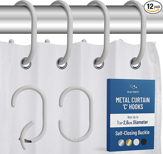 12 Metal Shower Curtain Hooks, Rust-Proof Decorative C-Shaped Curtain Hooks for Bathroom, White Shower Curtain Rings, Fits Rods Up to 1 Inch (C, White)-NeatNest
