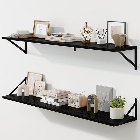 Fun Memories Deep Floating Shelves for Wall, 48W x 8D Wall Mounted Shelves Set of 2, Wide Display Ledge Shelf with Sturdy Metal Brackets for Living Room, Bathroom, Bedroom and Kitchen, Black-NeatNest
