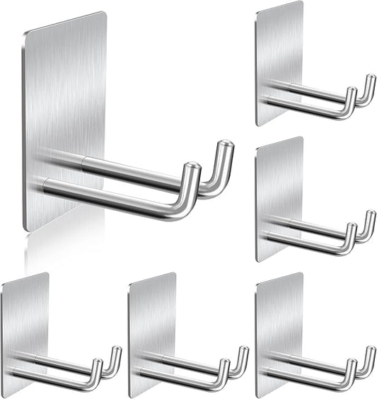 Adhesive Hooks, Stick on Stainless Steel Towel Robe Razor Wall Hooks for Bathroom Kitchen, Sticky Heavy Duty Durable Shower Hangers for Hanging Hat Coat Key Silver(6pcs)