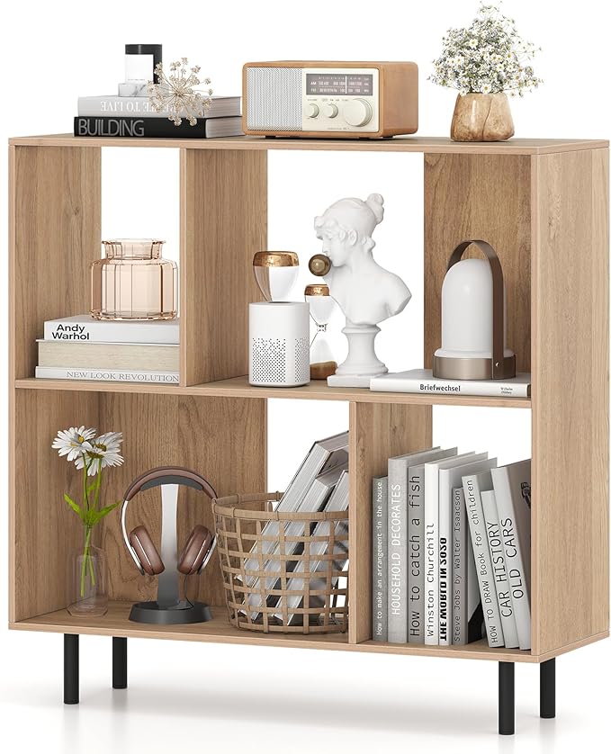 4 Cube Bookcase, Wood Storage Organizer with 4 Metal Legs, Bookshelf with Storage, Cubical Storage Shelf, Wooden Book Shelf, Display Shelves for Bedroom, Living Room, Entryway