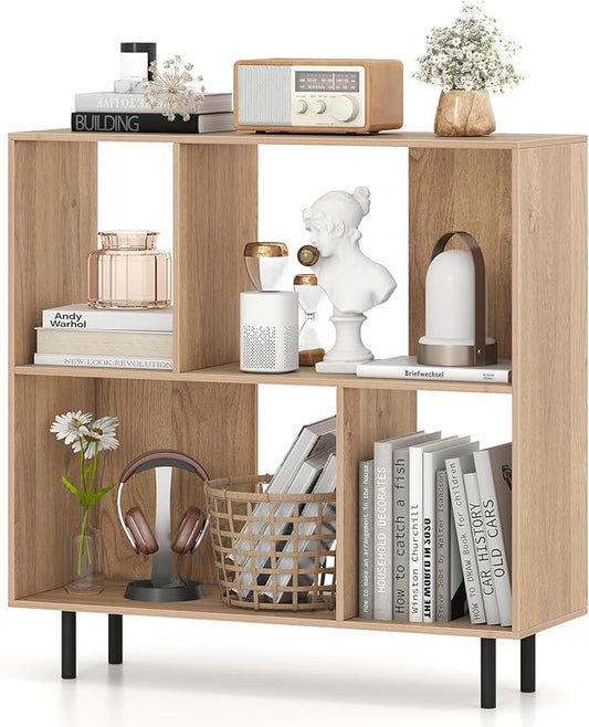 4 Cube Bookcase, Wood Storage Organizer with 4 Metal Legs, Bookshelf with Storage, Cubical Storage Shelf, Wooden Book Shelf, Display Shelves for Bedroom, Living Room, Entryway