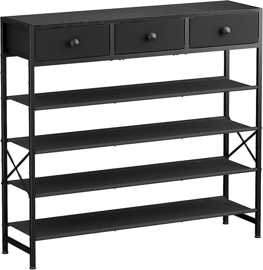 Shoe Rack, 5 Tier Shoe Organizer with 3 Drawers, Metal Shoe Storage for 24-30 Pairs of Shoes with Fabric Shelves and Wooden Top, Narrow Shoe Shelf for Closet Entryway Black-NeatNest