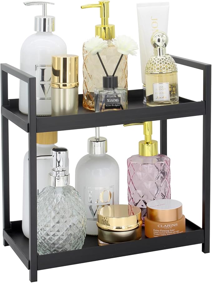 2-Tier Countertop Organizer for Bathroom – Cosmetic Organizer Rack and Storage Shelf for Bedrooms, Offices, Kitchen Counters, and Under Sinks (Black)-NeatNest