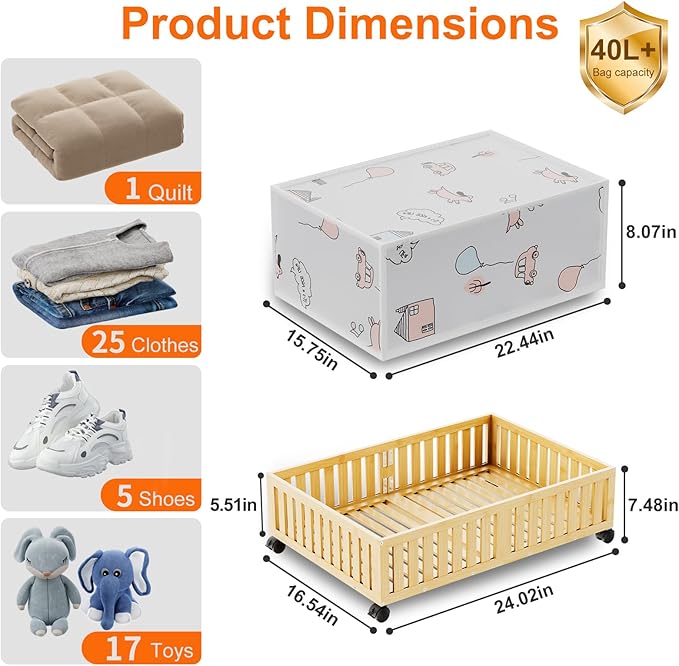 2Pack Bamboo Under Bed Storage Containers, UnderBed Storage with Wheels & 40L Large Capacity Dust Bag, Sturdy Rolling Under Bed Clothes Storage for Shoes Toy Book, Nature (24.02" × 16.54")-NeatNest