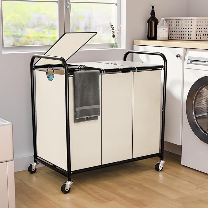 180L (47.55 Gal) Laundry Sorter 3 Section, Rolling Laundry Basket with Lockable Wheels and Lid, Laundry Hamper with 3 Separated Removable Bags Dirty Clothes Hamper for Laundry Room Organizer, White-NeatNest