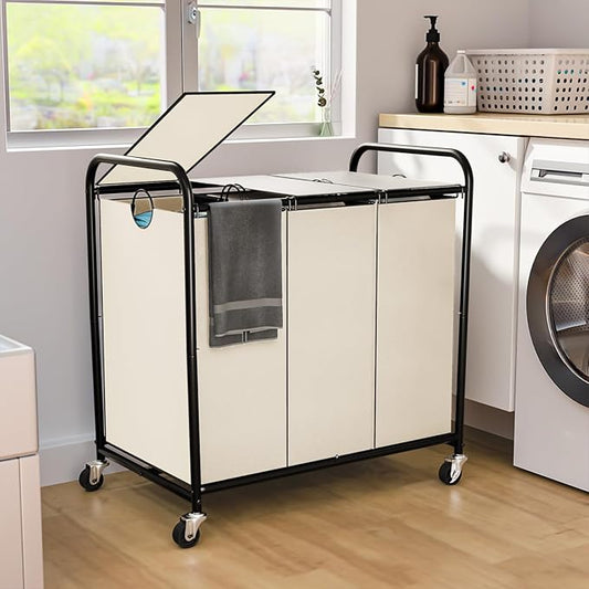 180L (47.55 Gal) Laundry Sorter 3 Section, Rolling Laundry Basket with Lockable Wheels and Lid, Laundry Hamper with 3 Separated Removable Bags Dirty Clothes Hamper for Laundry Room Organizer, White-NeatNest