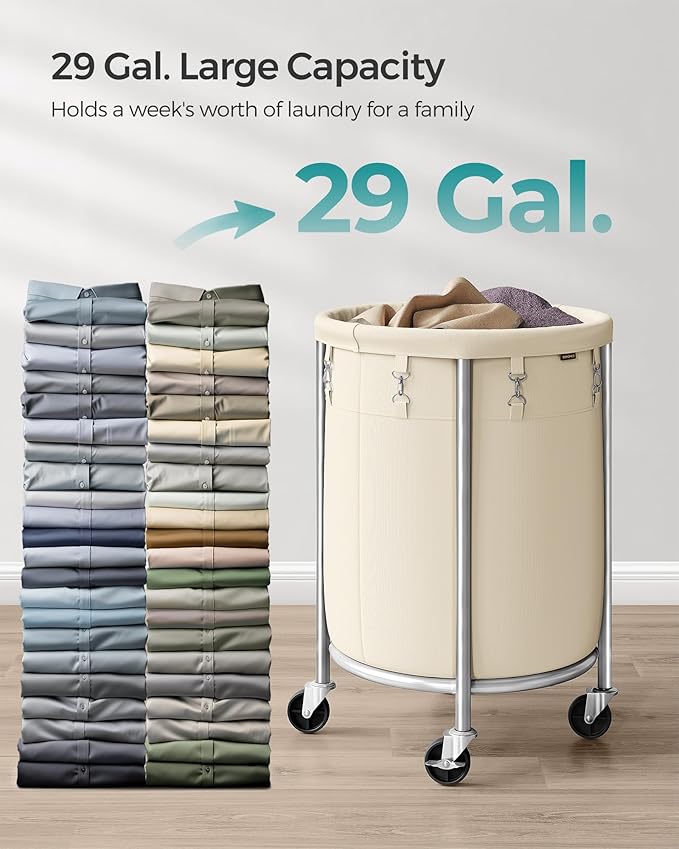 SONGMICS Laundry Basket with Wheels, Rolling Laundry Hamper, 29 Gal., Round Laundry Cart with Steel Frame and Removable Bag, 4 Casters and 2 Brakes, Cream and Silver URLS002W01