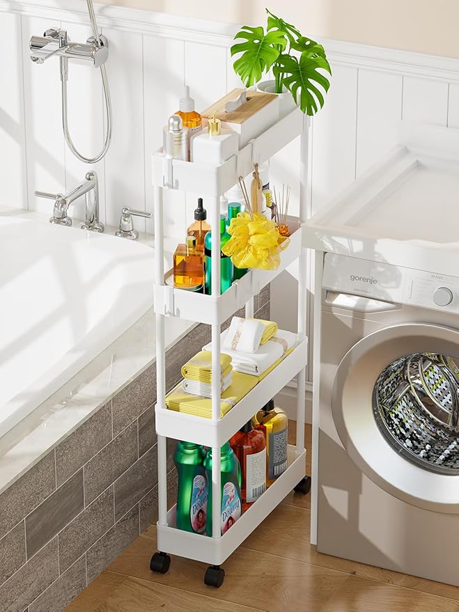 LEHOM 5.1" Slim Storage Cart - 4 Tiers Bathroom Organizer Mobile Shelving Unit Storage Rolling Utility Cart Slide Out Organizer for Kitchen Bathroom Laundry Narrow Places, White