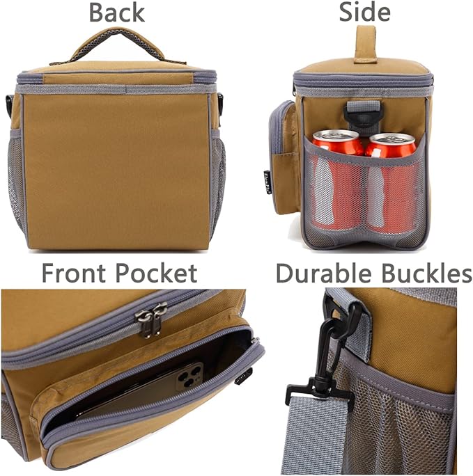 FlowFly Insulated Reusable Lunch Bag Adult Large Lunch Box for Women and Men with Adjustable Shoulder Strap,Front Zipper Pocket and Dual Large Mesh Side Pockets,Brown-NeatNest
