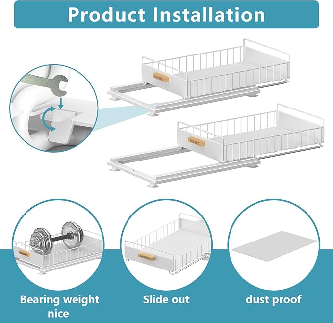 Under Sink Organizer, Kitchen Pull Out Cabinet Organizer, Mute Slide Out Metal Under Sink Organizers and Storage Shelves for Kitchen Bathroom Laundry Cabinet Pantry, White-NeatNest