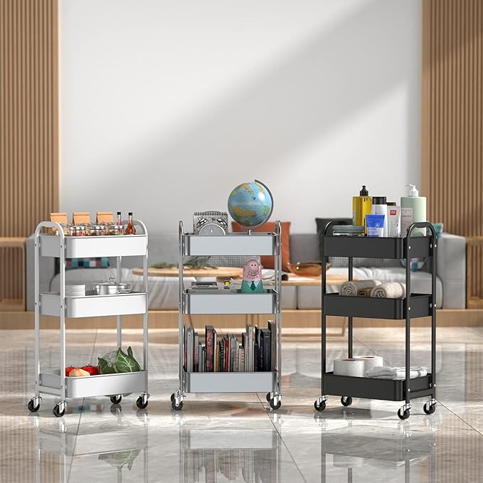3-Tier Rolling Utility Cart with Caster Wheels,Easy Assembly, for Kitchen, Bathroom (Black)-NeatNest