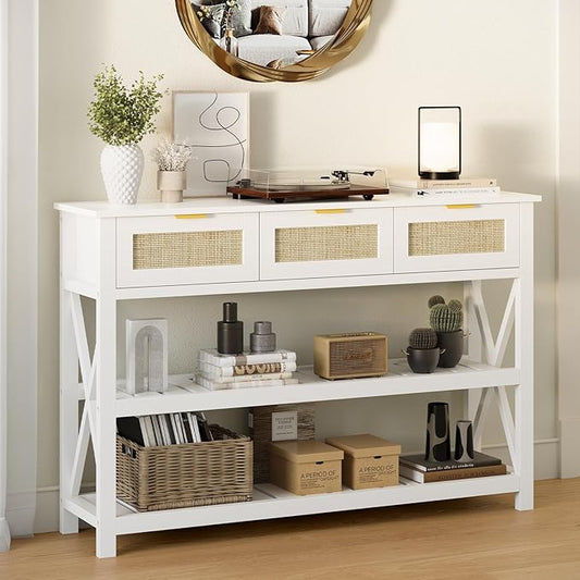 Console Table with 3 Rattan Drawers, Wooden Entryway Table with 3-Tier Storage Shelves, Display Shelf for Entryway, Hallway, Foyer and Living Room, White-NeatNest