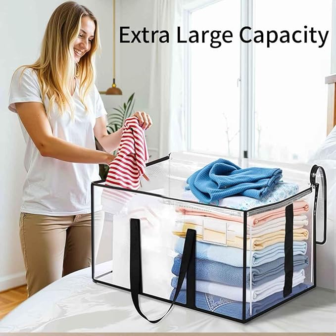 Extra Large Heavy Duty Moving Bags - Waterproof Storage Totes with Reinforced Handles & Zippers, Foldable for College Dorm Essentials, Clothes Storage & Travel (4-Pack Clear)