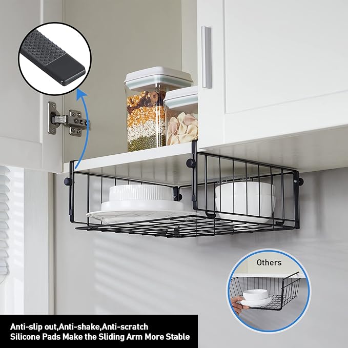 2 Pack Hanging Under Shelf Storage Basket,Adjustable Under Cabinet Add-on Storage Racks Slide-in Baskets Organizer for Laundry Room Kitchen Pantry Desk Bookshelf, Black