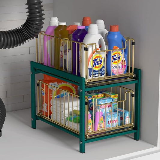 2 Tier Sliding Basket Drawer Organizer, Lxmons Pull Out Under Sink Cabinets Organizers, Metal Home Shelf for Bathroom or Kitchen, Sliding Countertop or Pantry Storage Shelf, Large Gold Green-NeatNest