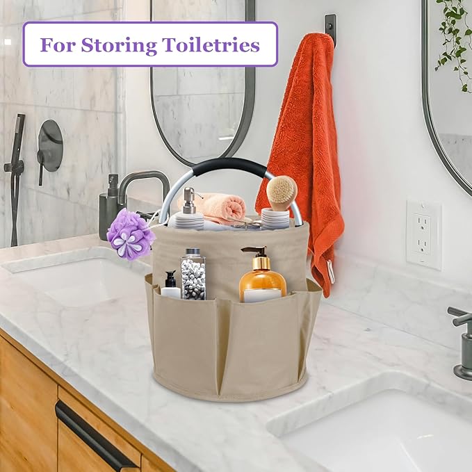 17L Cleaning Supply Caddy with Soft Handle, Portable Shower Caddy in 600D Oxford Fabric, Garden Tool Organizer Bag, Multifunctional Storage Basket for Bathroom, Garden, Khaki-NeatNest