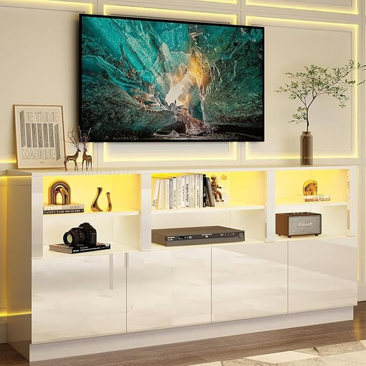 32'' Tall White TV Stand for 65/75/80/85 Inch TVs with RGB LED Lights,Modern High Gloss Entertainment Center Cabinet Stands with Storage Shelves and Doors,TV Media Console Table for Living Room-NeatNest