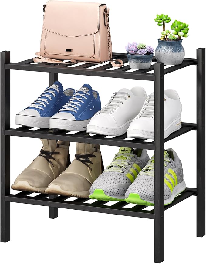 Small Shoe Rack for Entryway,3-Tier Black Bamboo Shoe Organizer for Hallway Closet, Free Standing Shoe Racks for Indoor Outdoor-NeatNest