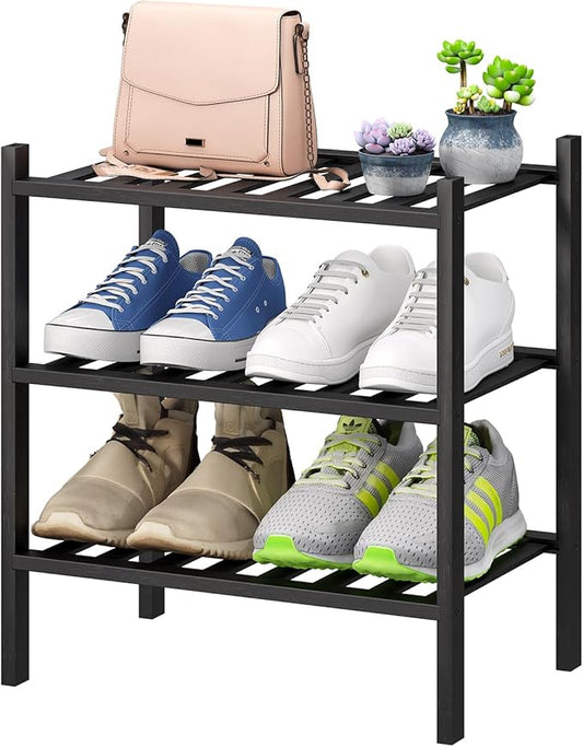 Small Shoe Rack for Entryway,3-Tier Black Bamboo Shoe Organizer for Hallway Closet, Free Standing Shoe Racks for Indoor Outdoor-NeatNest