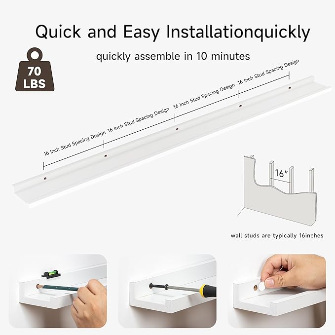 Floating Picture Ledge Shelves for Wall Set of 2, 84 Inches Picture Ledge Shelf with Long Large Nursery Book Shelf for Toys Storage Kids Bookshelf Wall Mounted Living Room Bedroom Decor Frames, White-NeatNest