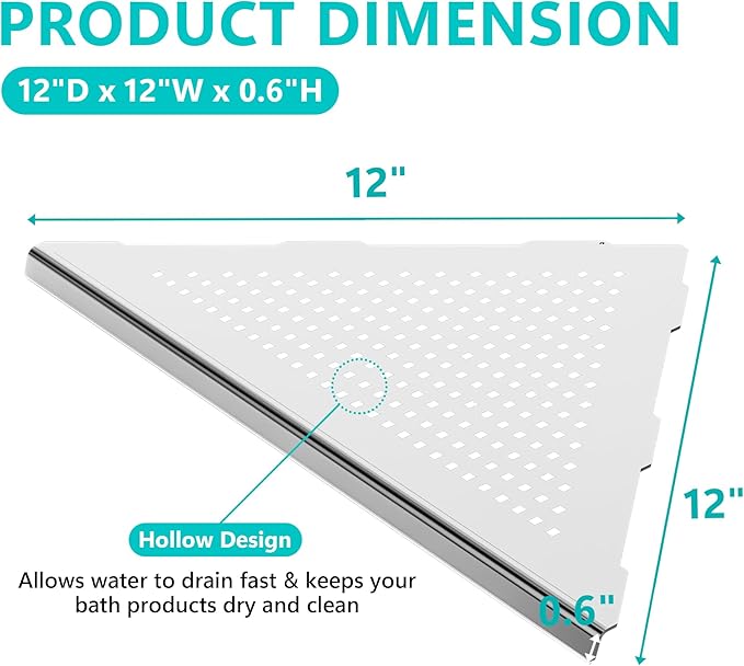 Bathroom Corner Shelf, Recessed 12" Shower Shelf Caddy, SUS304 Stainless Steel Shelf Wall Mount Triangular, No Drilling, Brushed Nickel