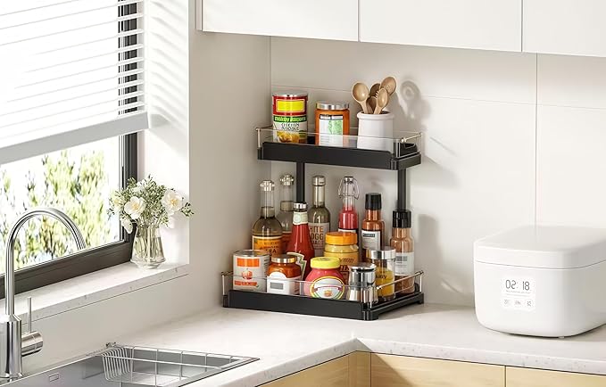 heart & home 1-Pack Under Sink Storage Organizer for Kitchen & Bathroom Cabinets with Removable Washable Tray, Tool-Free Assembly – Multi-Purpose for Kitchen Countertop, Vanity, & Laundry Room，Black-NeatNest