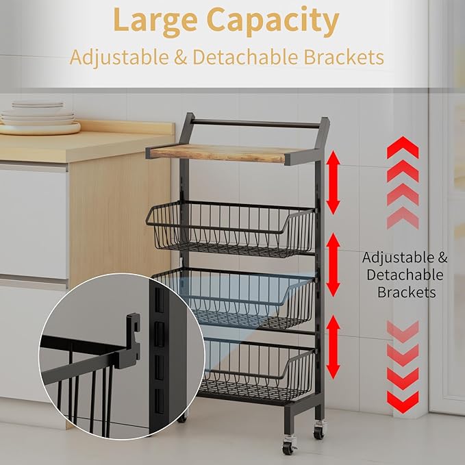 DGSNADGO Slim Rolling Storage Cart, 4-Tier Kitchen Cart on Wheels, Narrow Utility Cart with Handle and Wooden Tabletop for Small Space in Kitchen, Living Room, Bathroom, Laundry Room (Rustic Brown)