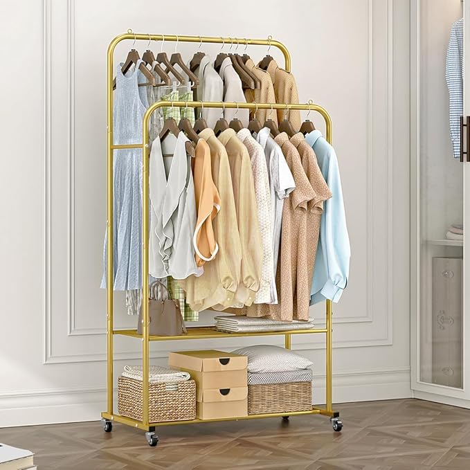 Clothes Rack with Wheels Garment Rack for Hanging Heavy-Duty Clothing Rack Metal Rolling Clothes Shelves for Bedroom, Closet (Golden)-NeatNest