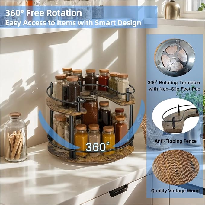 2-Tier Wooden Lazy Susan Turntable Organizer for Cabinet, Table Top, Kitchen, Pantry, Bathroom, Vanity Countertop, Rotating Wood Lazy Susans Rack for Spice, Seasoning Storage Organization(Round)-NeatNest
