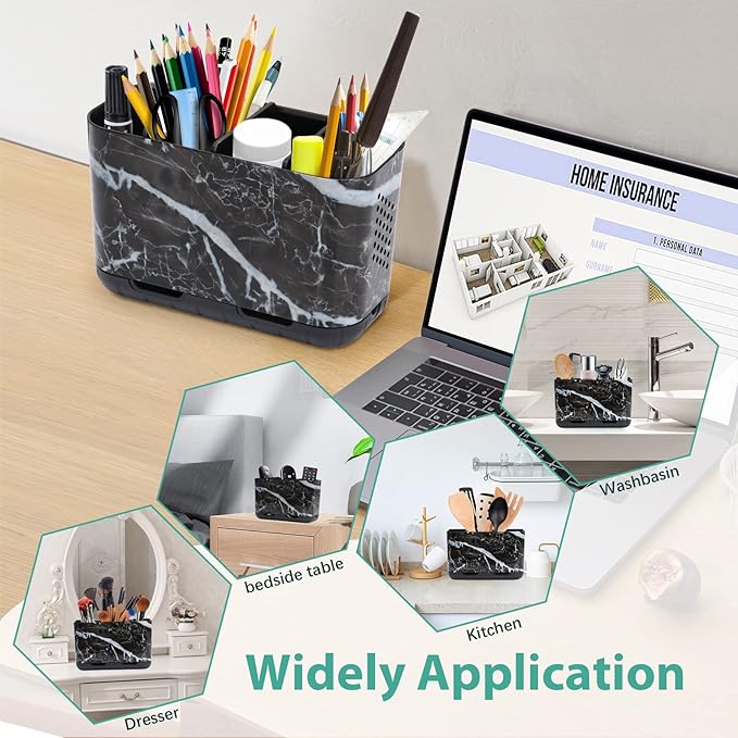 Boperzi Black Toothbrush Holder for Bathroom Toothpaste Organizer Countertop, Detachable Anti-Slip Marble Toothpaste Storage Caddy 6 Slots with Drainage Holes for Makeup Brush Razor Stand-NeatNest