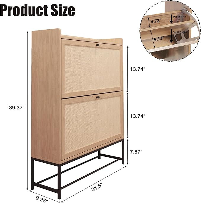 AVZEAR Narrow Shoe Storage Cabinet for Entryway with 2 Flip Drawers, Freestanding Shoe Cabinet with Natural Linen Panel, Slim Wood Shoe Organizer Closed Shoe Rack for Hallway, Foyer(Natural)-NeatNest