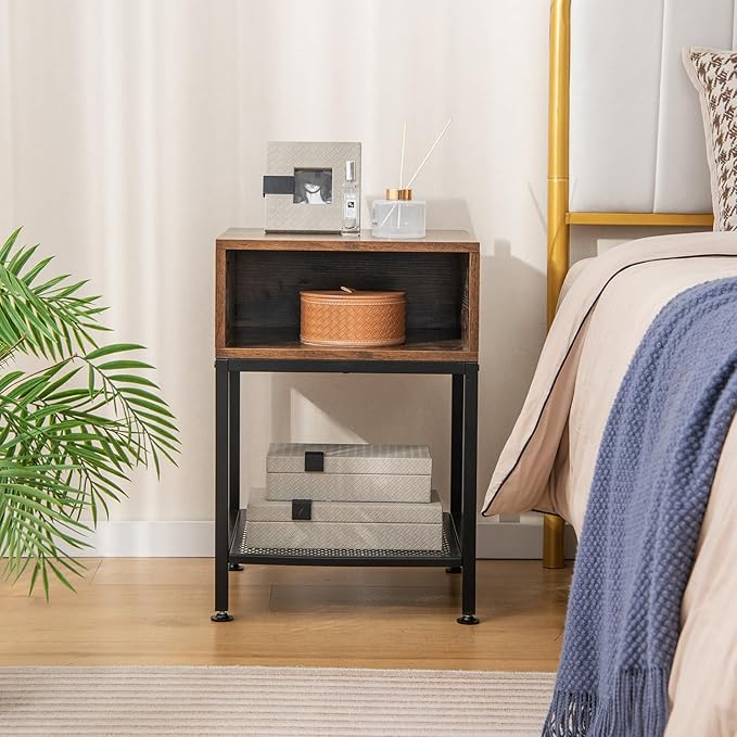 Giantex 2-Tier Side Table, Industrial End Table with Open and Mesh Storage Shelf, Stable Metal Frame, Telephone Table for Small Space, Bedside Table Night Stand for Living Room Bedroom, Rustic Brown