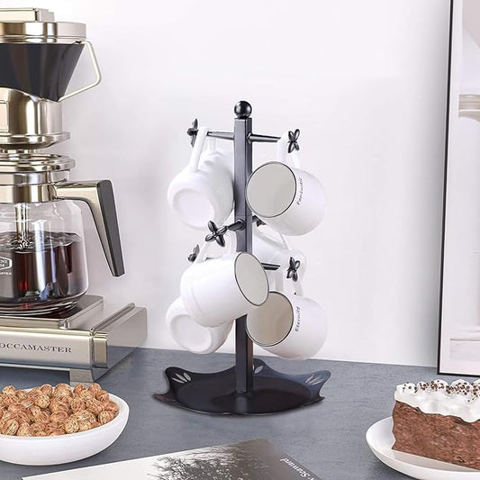 Coffee Mug Holder for Countertop, Cup Holder with 6 Hooks, Mug Stand for Counter, Coffee Bar Accessory, Mug Tree Station Organizer, Black-NeatNest