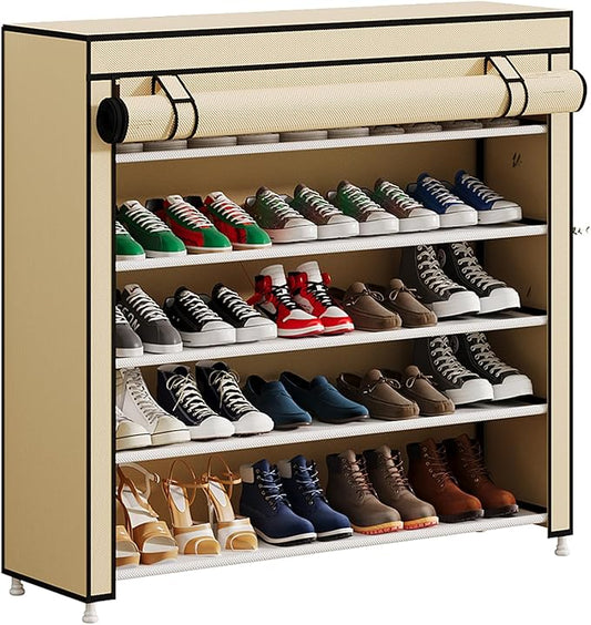 Calmootey 5 Tier Shoe Rack Organizer to Hold 25 Pairs, Portable Shoe Shelf with Nonwoven Fabric Cover for Closet Hallway, Bedroom, Entryway, Beige-NeatNest
