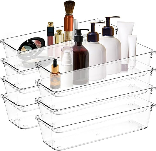 8 Pack Drawer Organizer - 3" X 9" Clear Acrylic Storage Bins with Non-Slip Pads, Versatile Desk Tray for Makeup, Jewelry, Kitchen, Bathroom, and Office Organization-NeatNest