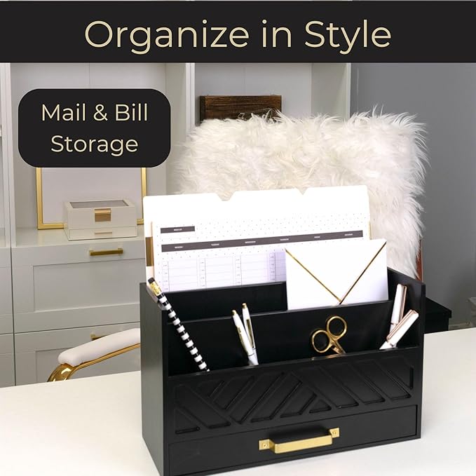 BLU MONACO Black Mail Organizer with Drawer and Gold Handle – Desktop Mail Holder and Office Supplies Storage – Home Office Desk Accessories – Letter Sorter and Paper Organizer-NeatNest