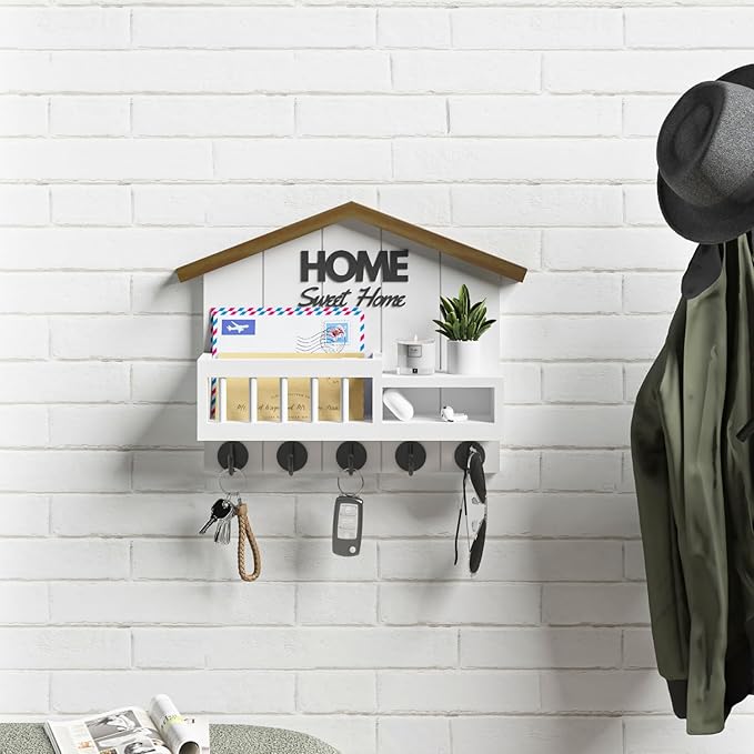 Key and Mail Holder for Wall, Wall Key Holder with Shelf, Home Key Holder for Wall, Wood Key Holder Wall Mount, Mail Organizer Wall Mounted, Entryway & Front Door Key Holder with 5 Hooks(White)