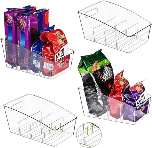4 Pack Clear Pantry Organizer Storage Bins Removable Snack Organizer Plastic Cabinet Organizers Racks with 3 Dividers, Refrigerator Bins, Kitchen Storage-NeatNest