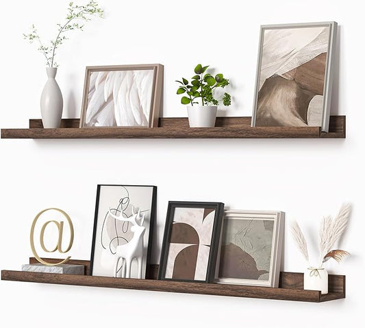 Heimlove Picture Ledge Shelf, Floating Shelves Set of 2, 36 Inches Picture Shelf for Wall with Ledge, Kids Bookshelf Wall Mounted for Living Room Bedroom Decor Books Photo Frames - Walnut-NeatNest