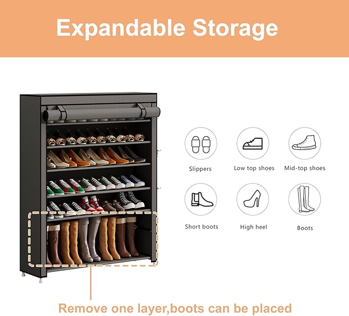 Calmootey 7 Tier Shoe Rack Organizer to Hold 35 Pairs, Portable Shoe Shelf with Nonwoven Fabric Cover for Closet Hallway, Bedroom, Entryway, Grey-NeatNest