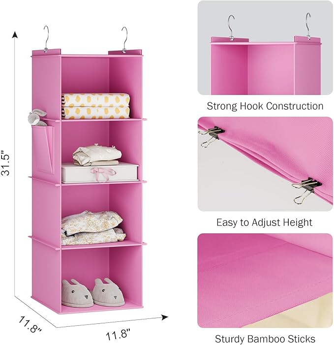 Hanging Closet Organizer, 4-Shelf Closet Hanging Storage Shelves, Light Pink-NeatNest