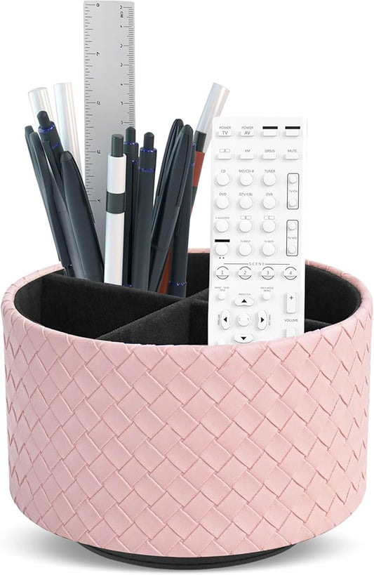 Hennaja Round Leather Art Supply Organizer,Remote Control Holder,360 Degree Spinning,Multi-Functional Pencil Holder,4 Compartments Desktop Stationary Organizer(1-Weave Pink)-NeatNest