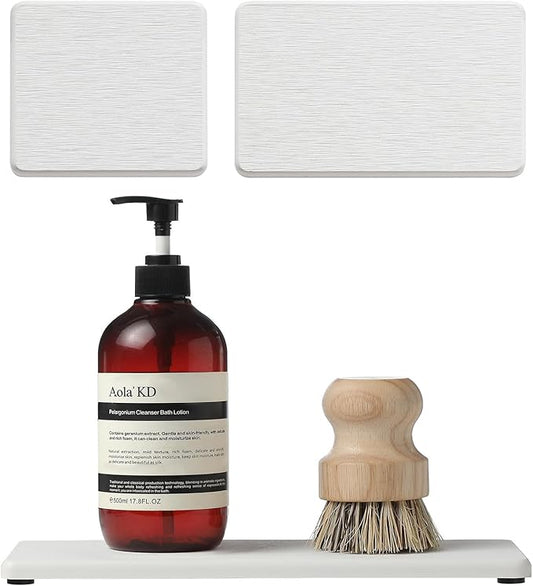 3PCS Bathroom Sink Vanity Trays, Quick Stone Drying Mat Dish Soap Dispenser Sponge Holder for Kitchen Counter, Diatomaceous Earth Water Absorbing Caddy Organizer, White-NeatNest